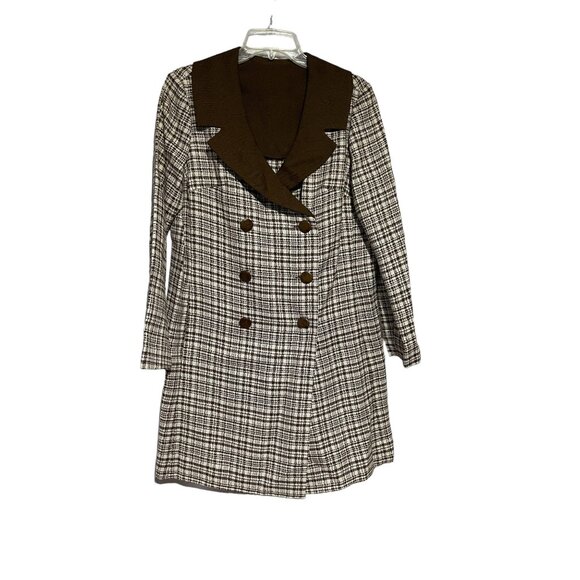 Vintage Women's Coat Double Breasted Plaid Brown Cream Size L - Picture 1 of 8